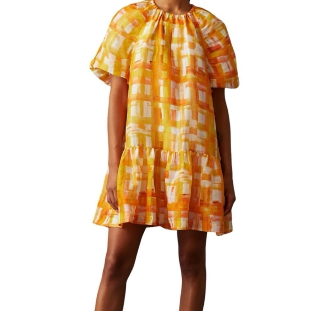 Marie Oliver Greta Puff Sleeves Golden Madras Mini Dress Sz Large